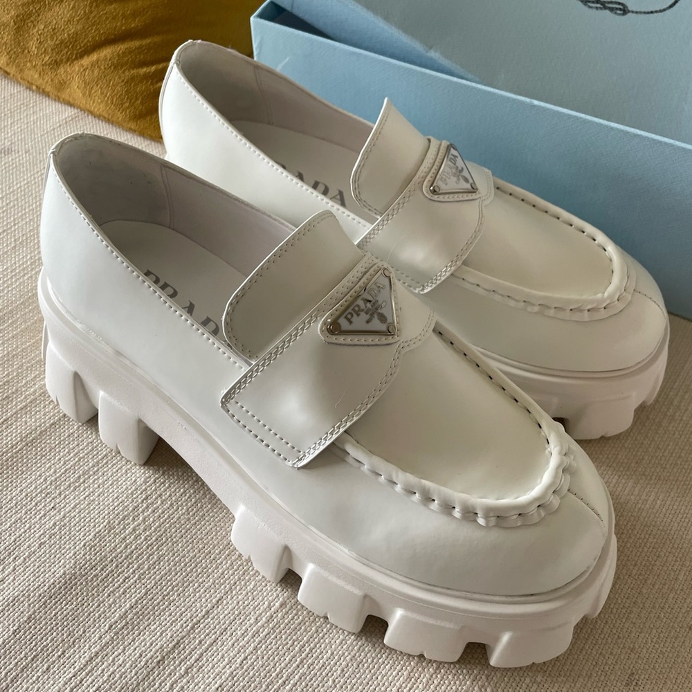 Brand New White Brushed Leather Prada Loafers